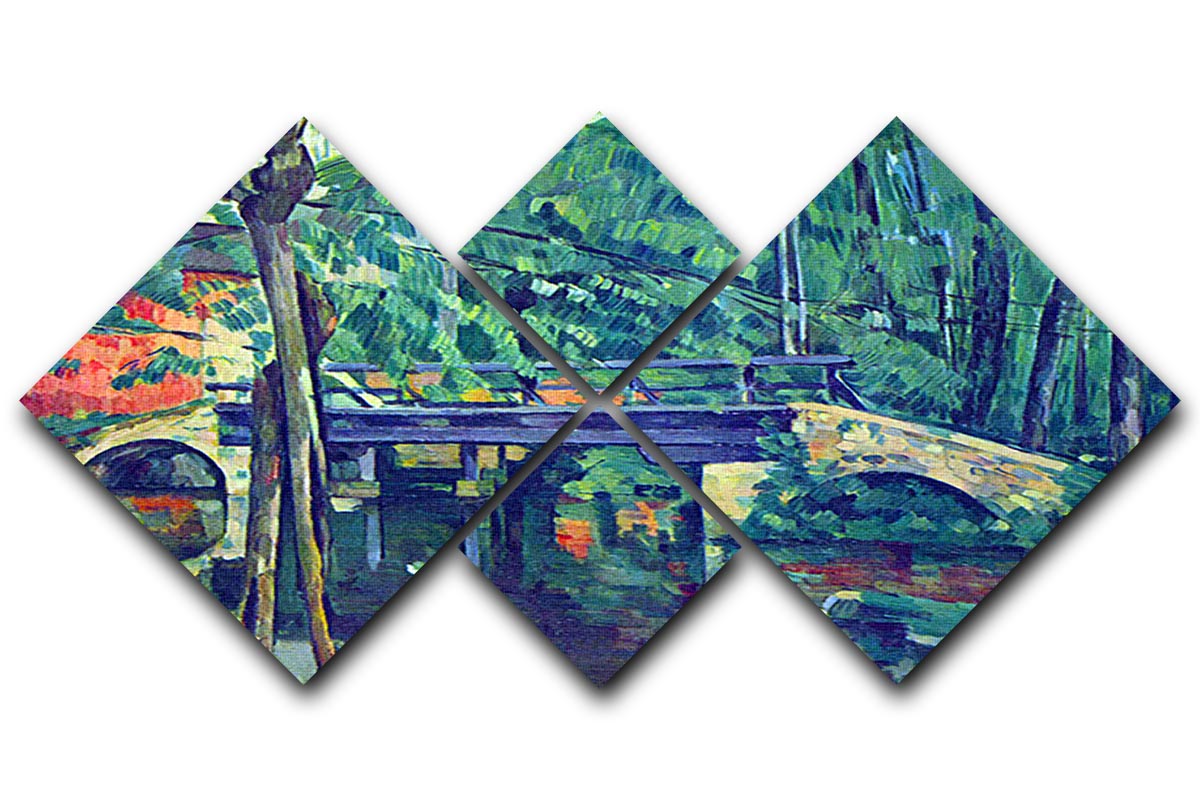 A beautiful multi-panel canvas artwork featuring Cezanne's 'Bridge in the Forest', showcasing four equal square sections with vibrant colors.